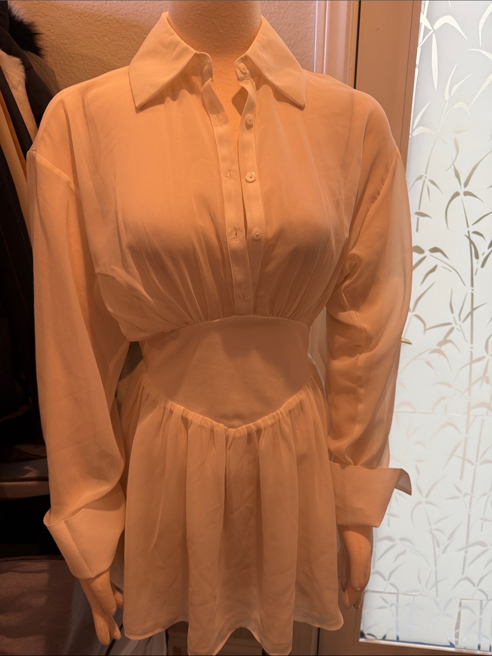 Naked wardrobe Cream Collared Long-Sleeve Waist-Pleated Mini Dress